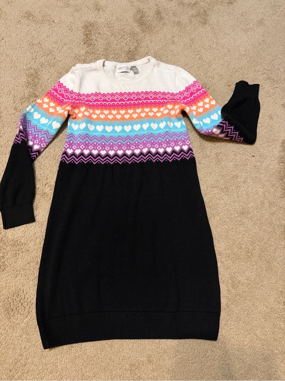 Place Girls Black Knit Dress with Rainbow Heart Yoke